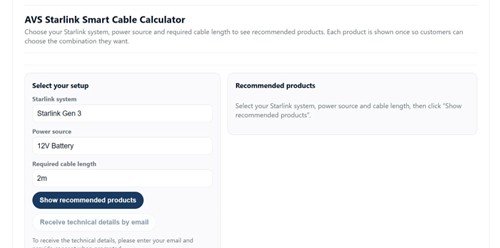 Air Vision Systems Starlink Smart Cable Calculator - terminal selection screen