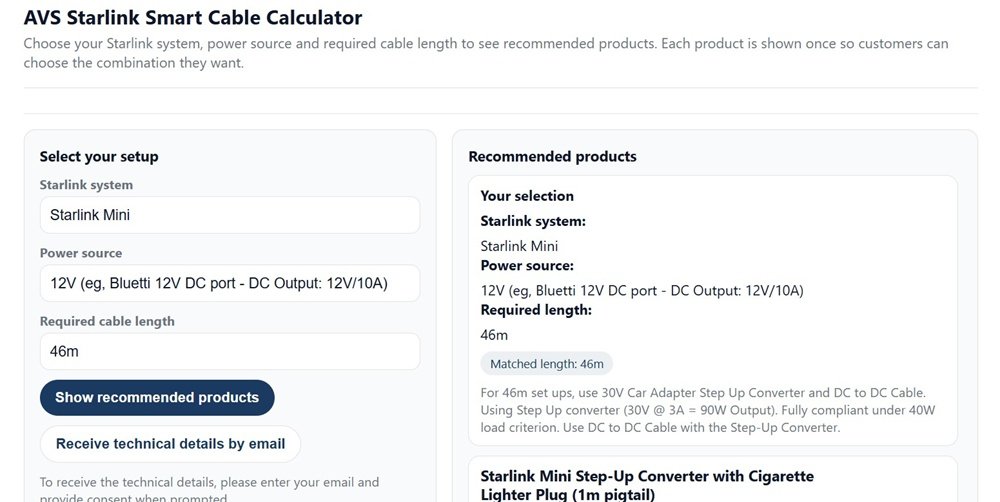 AVS cable calculator showing Starlink Mini with 12V source at 46 metres identifying step-up converter requirement