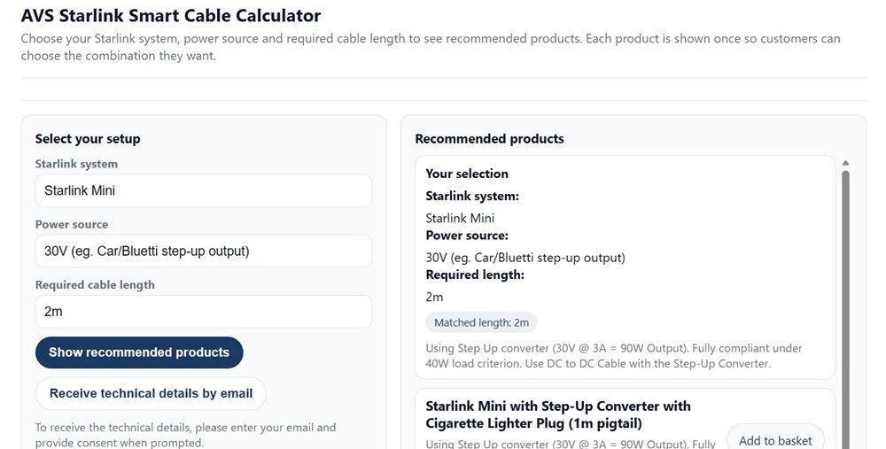 AVS cable calculator showing Starlink Mini with 30V step-up output and full product recommendations
