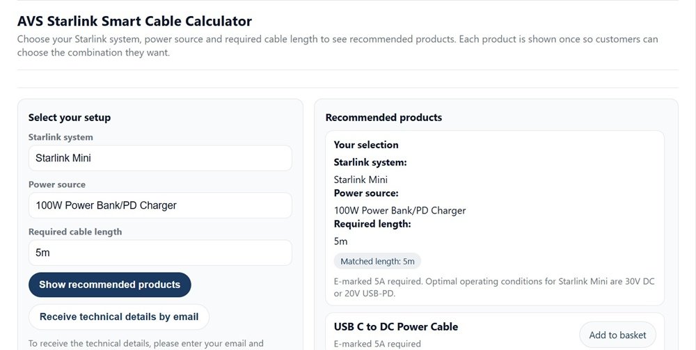 AVS cable calculator results panel showing Starlink Mini setup with 100W power bank and USB-C to DC cable recommendation