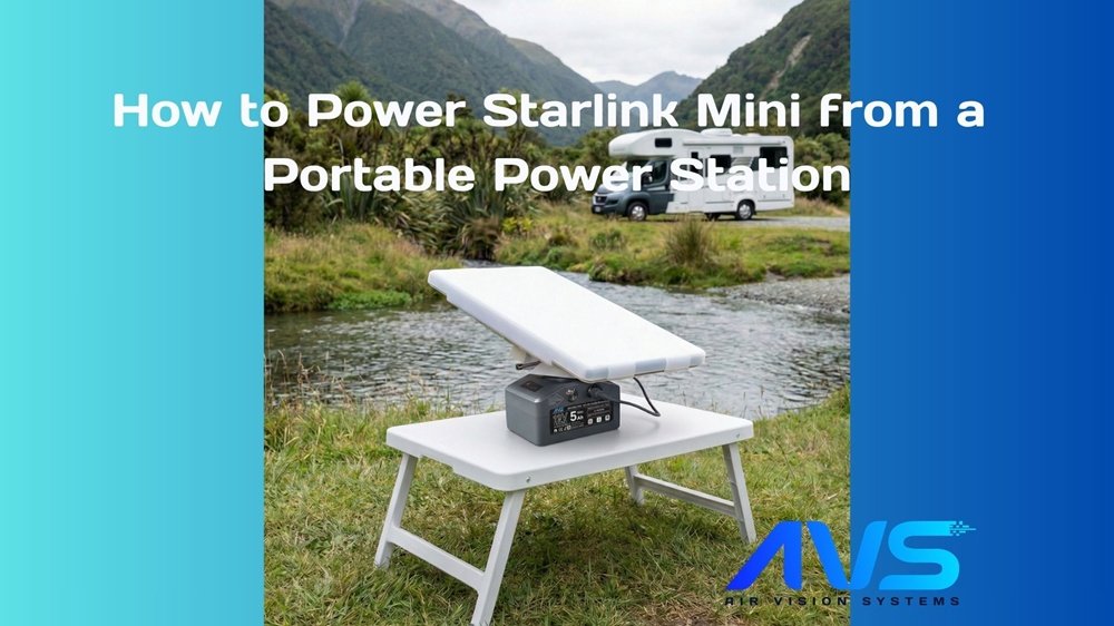 AVS Starlink Mini Portable Power Supply connected to Starlink Mini dish at a New Zealand campervan campsite