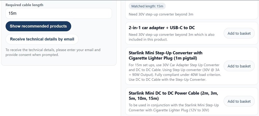 AVS Smart Cable Calculator results panel showing step-up converter recommendation and matched cable length for 15 metre vehicle run