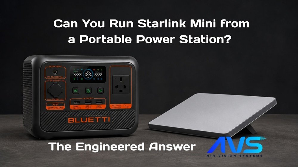 Bluetti AC2P portable power station next to a Starlink Mini terminal on a dark surface