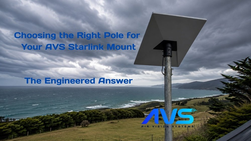 Starlink Gen 3 dish mounted on a tall pole on an elevated New Zealand property in windy conditions