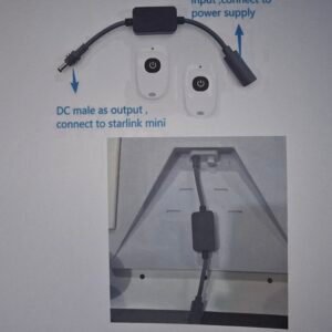 Air Vision Systems Starlink remote power switch dish end shown with IN to OUT labelled housing and two remote fobs