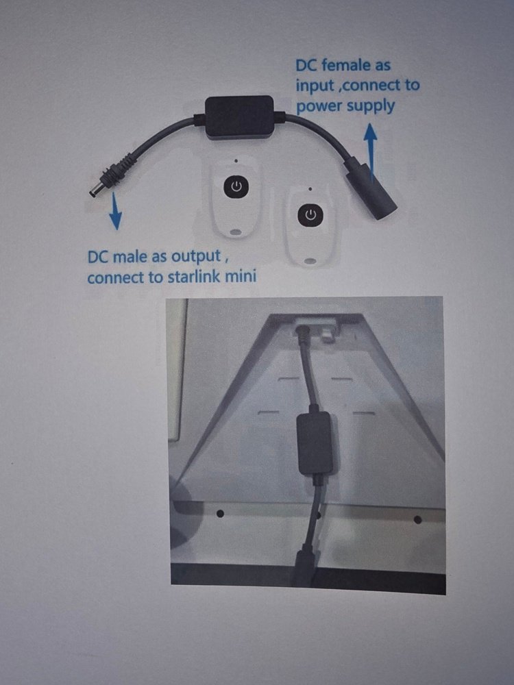 Air Vision Systems Starlink remote power switch dish end shown with IN to OUT labelled housing and two remote fobs